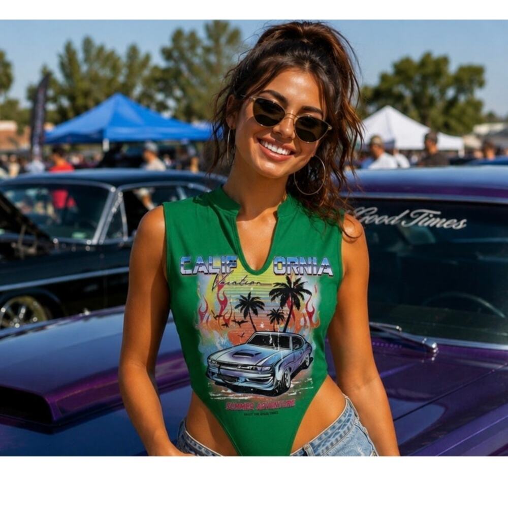 California Muscle Car T Shirt Bodysuit Look L Women Green Shein Sxy V Neck Silky